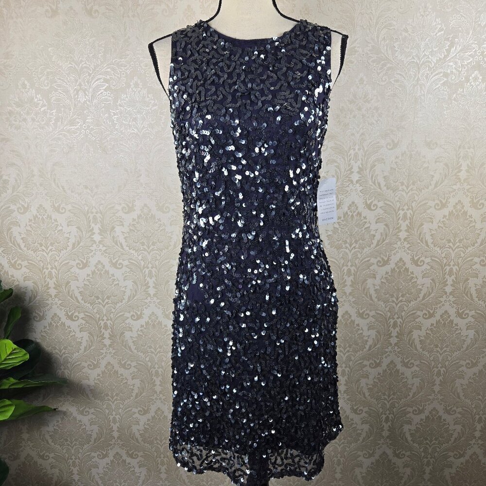 Pisarro Nightse Size 4 Slate Gray Sequin Dress Sleeveless Cowl Back Side Zip NWT